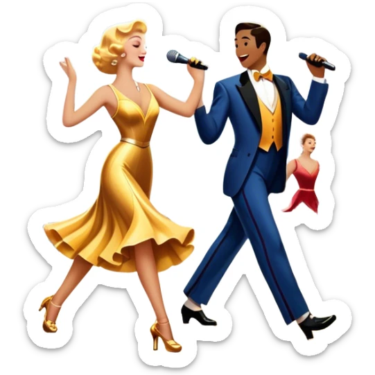 Vintage movie poster-style icon for a musical film. The cityscape glows in the background, evoking the golden era of musicals. A vibrant street scene with bright lights, dancers mid-step, a singer with a microphone, and a jazz band playing. Transparent background. sticker
