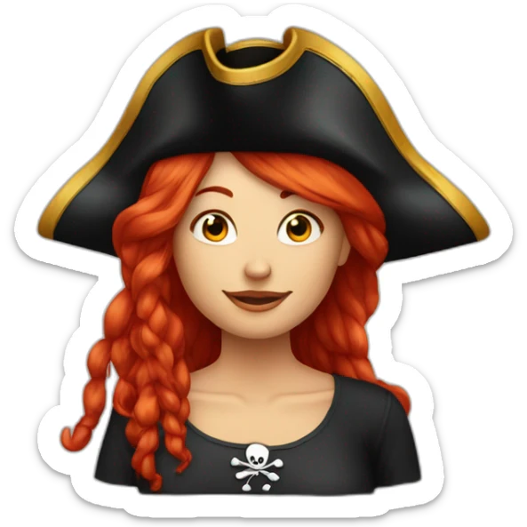 Woman long red hair. Short hair on the other side, pirate hat, skull and crossbones t shirt sticker