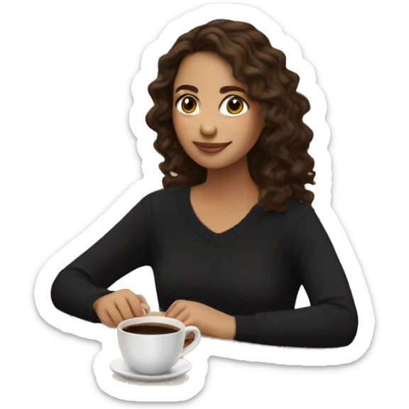 Brunette girl with wavy hair wearing black sweater with opened shoulders sitting with cup of coffee sticker