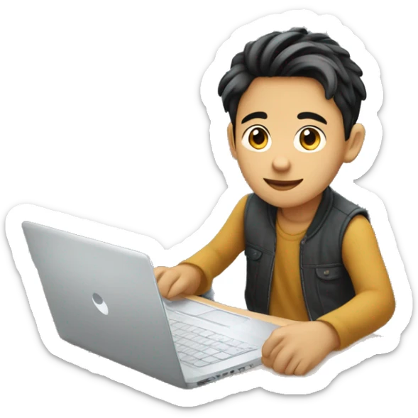 An Asian boy sitting in front of the hp laptop with fair skin color and a decent hairstyle  sticker