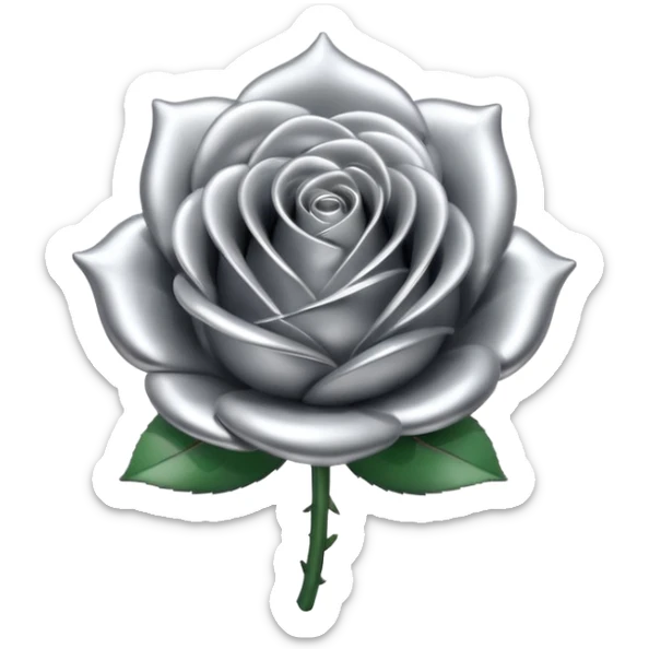 A rose emoji made of liquid silver metal, smooth metallic petals, reflective chrome surface, soft gradients, elegant shape, minimalistic iOS emoji style, centered, clean white background, realistic highlights, no text sticker