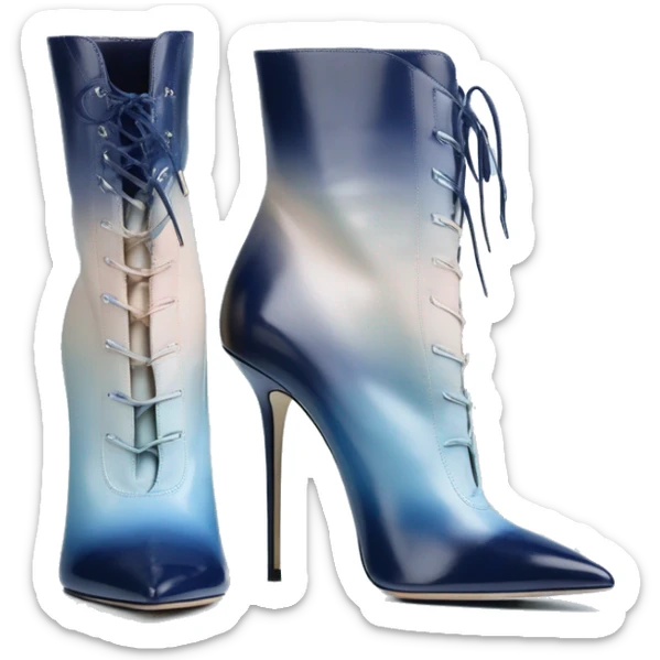 Realistic isolated top view of a pair of navy blue to pastel blue ombre Jimmy Choo stiletto heel ankle bootie boots. sticker