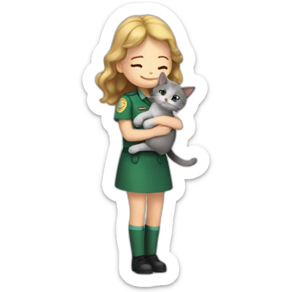 a fair-haired girl hugs a brunette in a green uniform, a gray cat sits below sticker