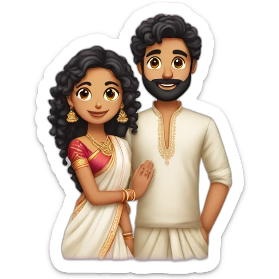 south indian girl with curly hair marrying south indian guy with straight hair and beard wearing dhoti sticker