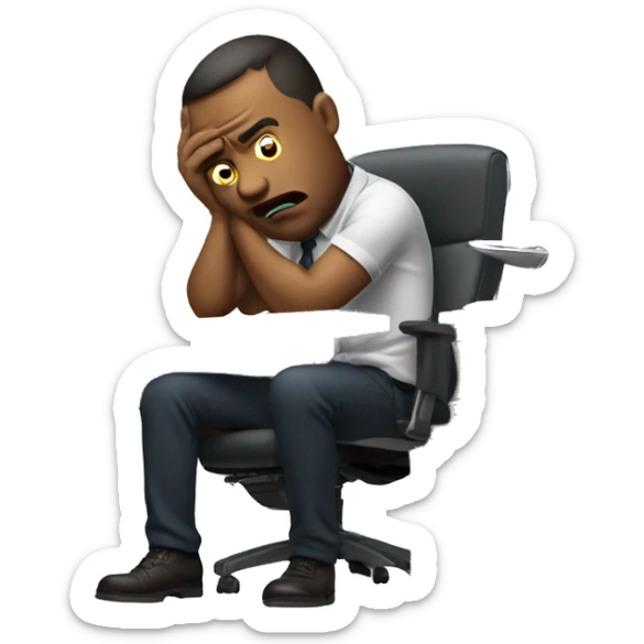 man sitting at a wooden work desk in office chair slumped and looking frustrated sticker