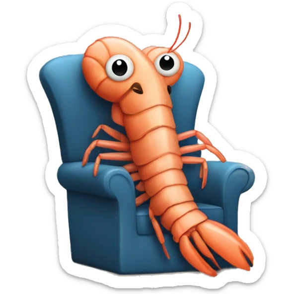 A shrimp sitting in a chair in front of a table with an open laptop sticker