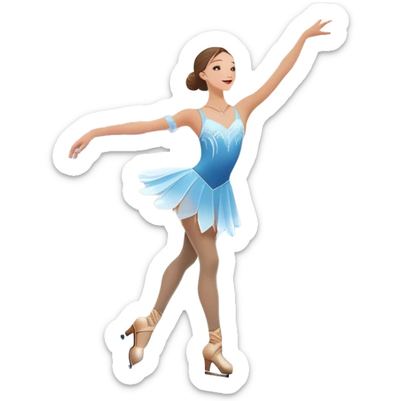 An icon showing a graceful figure skater performing a spin on the ice in a grand ice palace. The rink is illuminated by soft light beams, with cheering spectators in the stands. Snowflakes gently fall, adding to the magical atmosphere. Transparent background highlights elegance and artistry. sticker