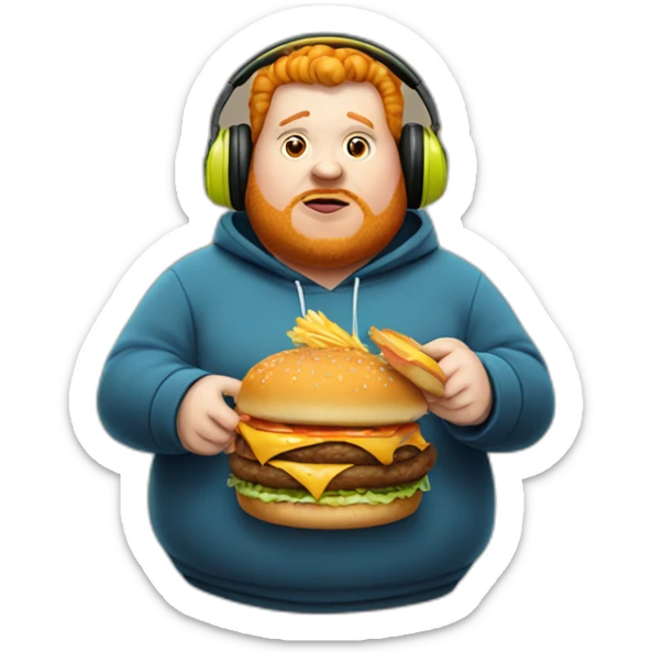 Fat man wearing a hoodie and headphones, ginger, eating a burger sticker