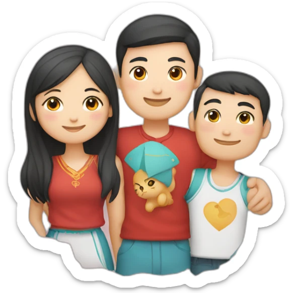 Chinese guy and Kazakh girl standing with each other and a cat on Chinese guy’s shoulder sticker