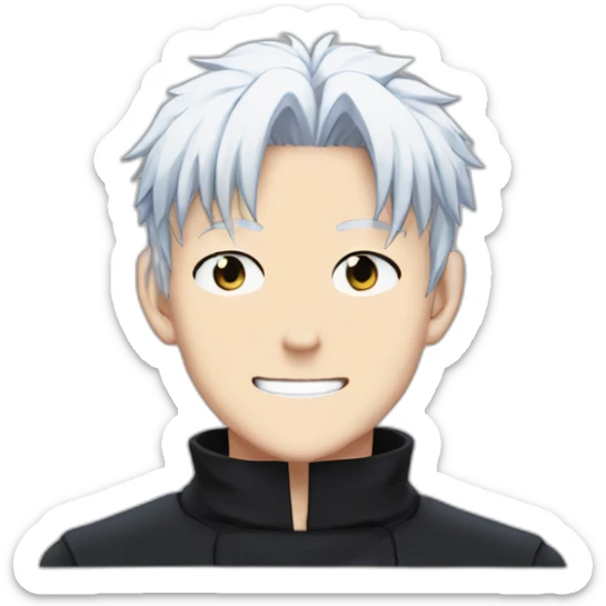 gojo satoru smiling from jujutsu kaisen with white hair, blue sky eyes, wear a black tshirt sticker