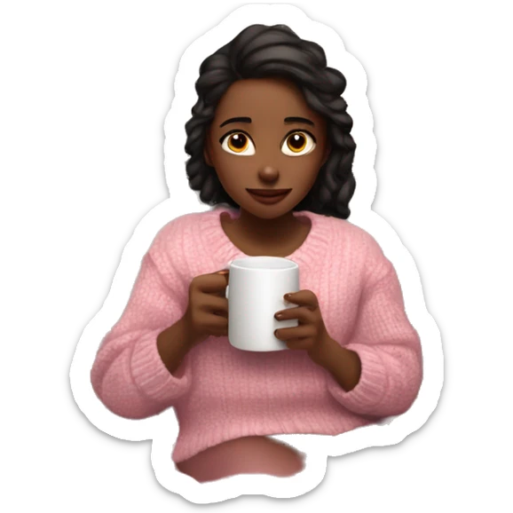 Christmas chill vibes girl on bed and wearing a pink sweater under it is a white shirt and she is watching tv and drinking hot chocolate  sticker