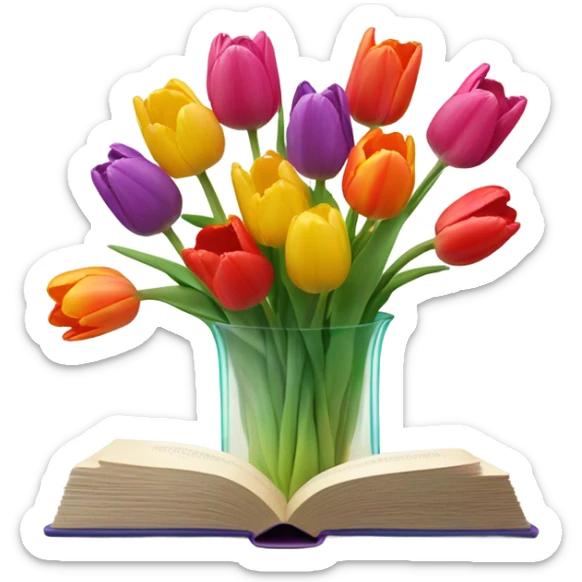 flowers vase in form of transparent book vase, with tullips sticker