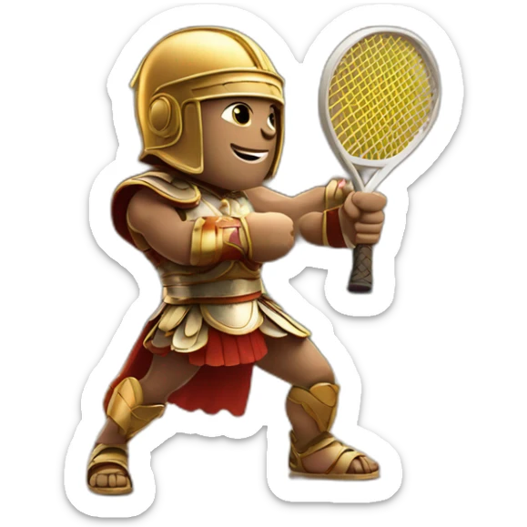 Roman gladiator with one tennis racket on right hand playing in tennis court sticker