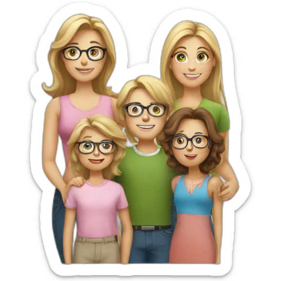 White family of 4, 1 mom with brown hair, 1 big boy with Brown hair, 2 girls with glasses and long blond hair sticker