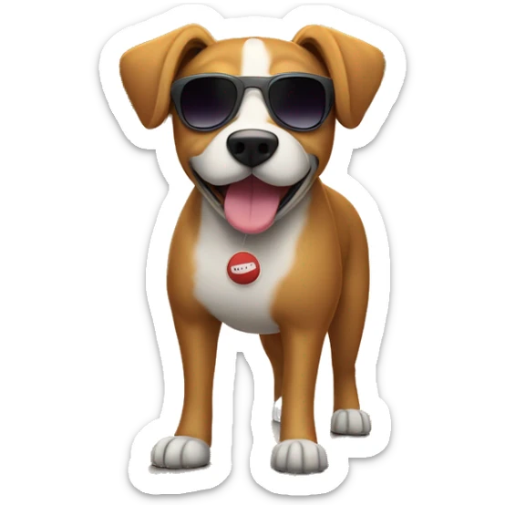 dog standing on a road with sunset in the back and with sunglasses and tenis ball in the mouth sticker