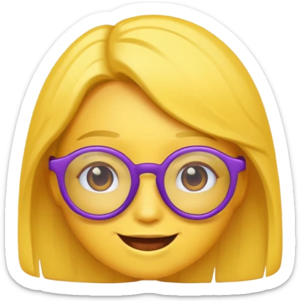 un emojis amarillo, con el cabello corto y lacio, con lentes violeta y una sonrisa sticker