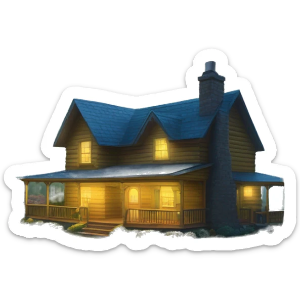  very very big Cabin near a big tree.  Thick moss growing on the roofs. The cabin thick grass fields. porch lights turned off. bright white interior lights turned on. guests sitting in chairs on the porch, flowers and bushes yellow and blue, near Scooby  sticker