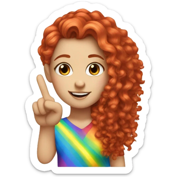 a white girl with long red curly hair in a pony tail with rainbow shirt does peace sign  sticker