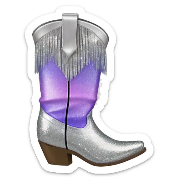Realistic silver and lavender ombre pair of fashion cowgirl boots with sparkly shiny glitter fringe on them. sticker