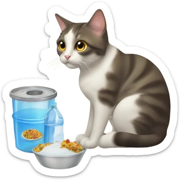 Cat sitting at the floor and staring at her food and water  sticker