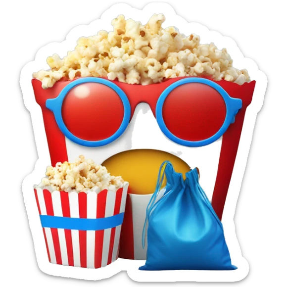 Emoticon smiley circle with red and blue 3D glasses and small bag of popcorn to the side sticker