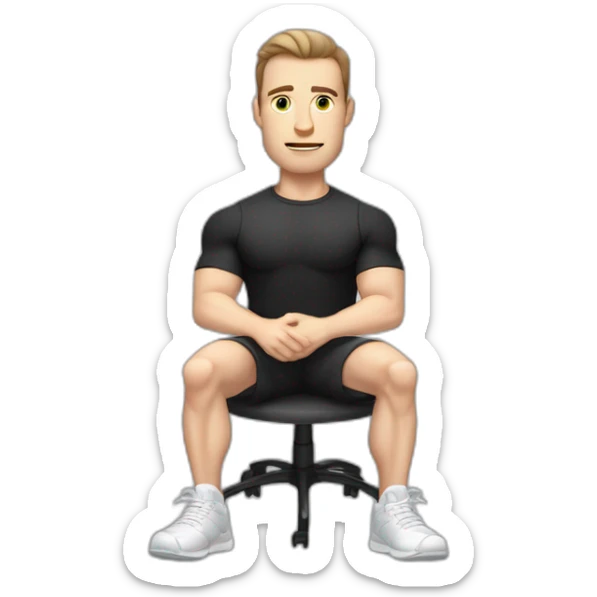 Pale skinned Fit Man With the biceps and dark brown hair in black shirt, gray sports shorts and white Sneakers Sitting on a chair sticker