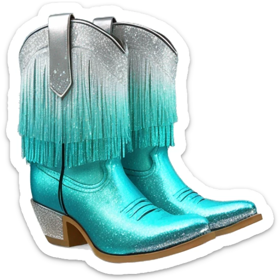 Realistic silver and turquoise blue ombre pair of fashion cowgirl boots with sparkly shiny glitter fringe on them. sticker