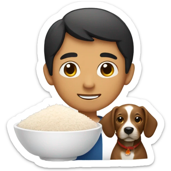 A brown Asian boy with a bowl of rice and a dog  sticker