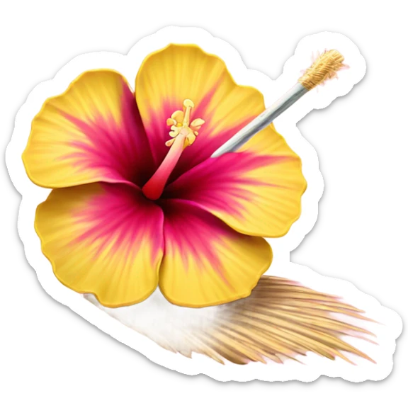 Hibiscus that is yellow on outside and fades to pink then maroon in the centre, in a coconut with a straw sticker