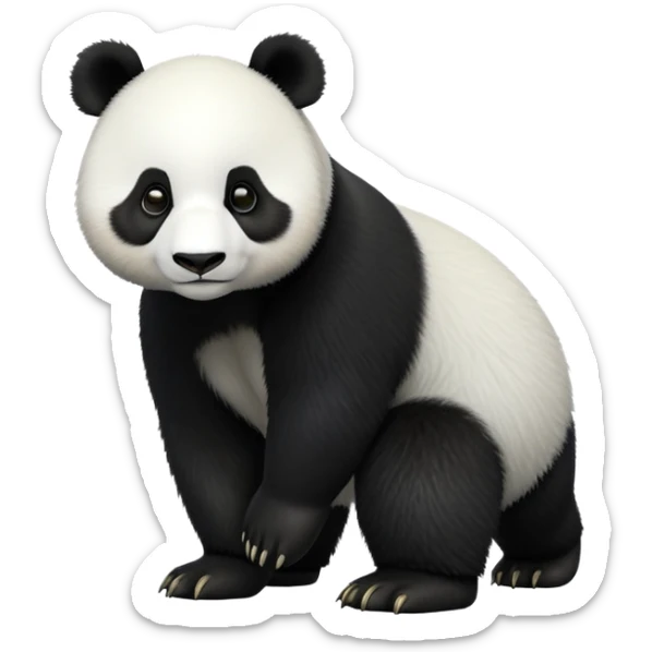 cinematic-[panda bear]-realistic-full-body-standing on all fours-emoji,-tail-tucked-close,-head-tilted-dramatically,-thick-[black and white]-fur,-simplified-yet-realistic-focused-features,-highly-detailed,-glowing-with-an-almost-sarcastic-glow sticker