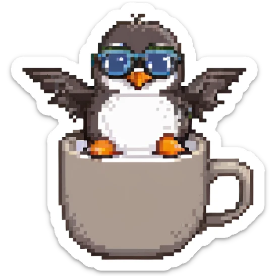 Add sunglasses to the penguin, keep the pixel art style, flying in a hot desert next to a large steaming cup of tea, with no background. sticker