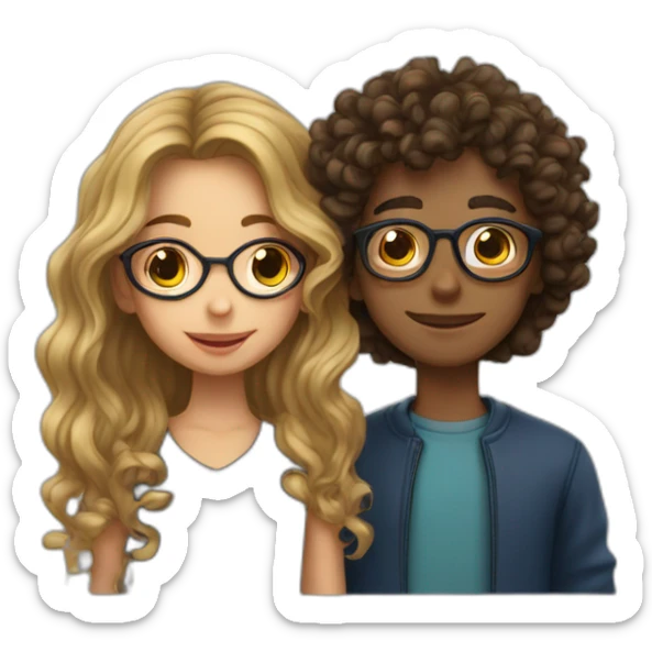 a girl with long wavy hair kissing a boy with glasses and curly hair sticker