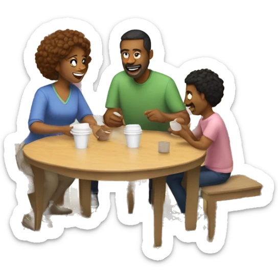 An emoji of a family—mother, father, and child—sitting at a table, playing a cup game with paper cups arranged on the table as they have fun together sticker