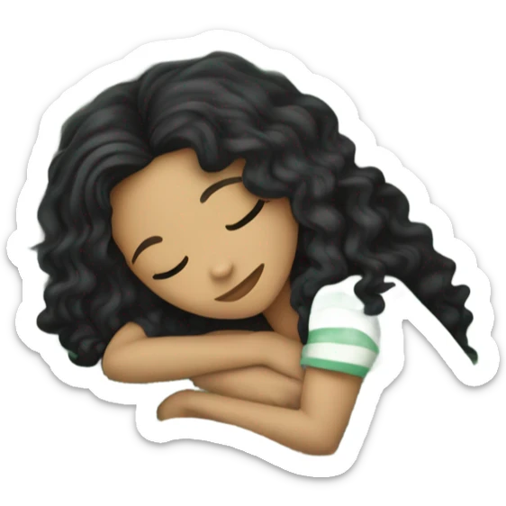 light skin color girl with long curly black hair sleeping in a bed with faded green striped comforters sticker