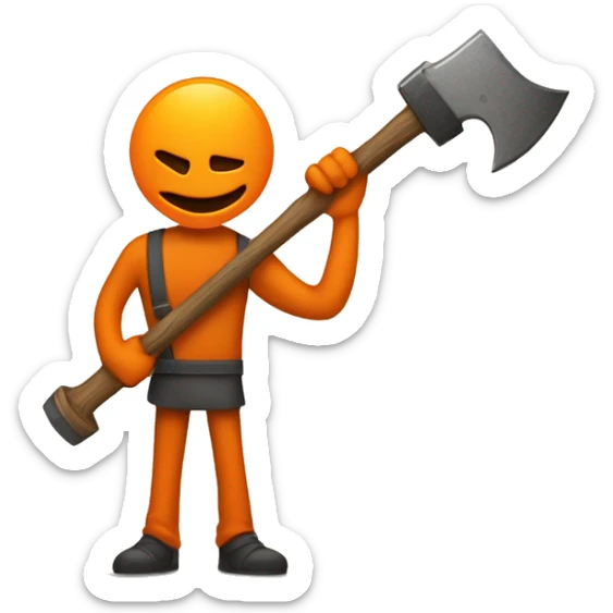 A stick figure character drawn in orange color and a hollow head, holding a large hammer over its head. The character appears to be holding a smaller tool or object in the other hand. sticker