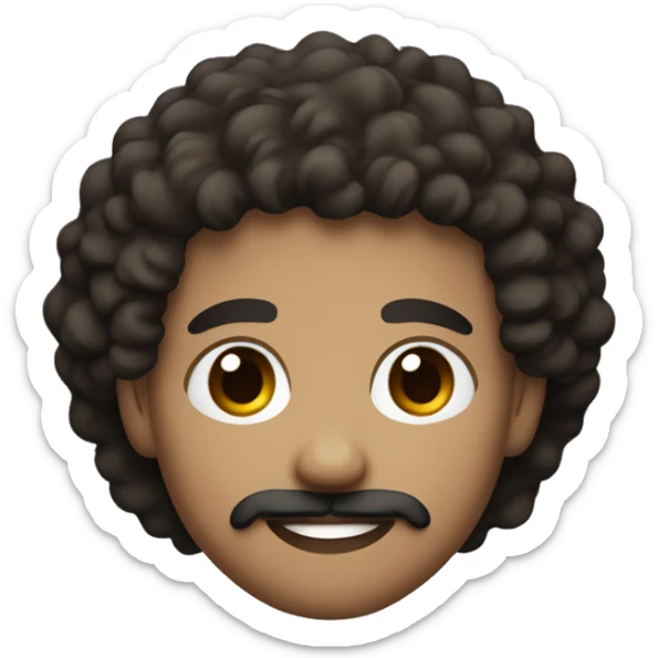 white skin young guy with brown eyes and wavy/curly hair in black leaning to brown color. with goatee and a mustache sticker