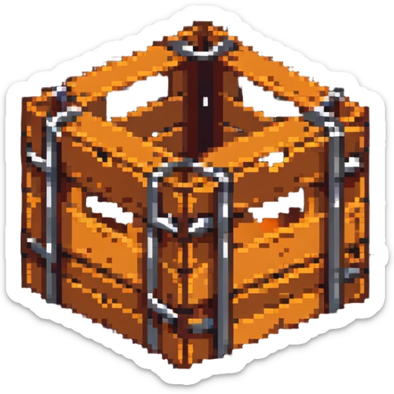 wooden crate with metal bands, orange brown color scheme, breakable box, 32x32 game asset sticker