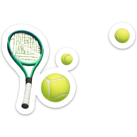 A tennis racket and ball placed on the grass court, with the lines of the court clearly visible in the background. The scene captures the essence of the sport, highlighting the equipment and the vibrant, open atmosphere of a tennis match sticker