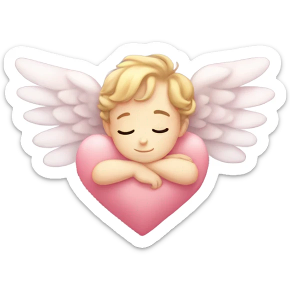 Realistic Photo of pale cupid asleep on a big cushioned heart sticker