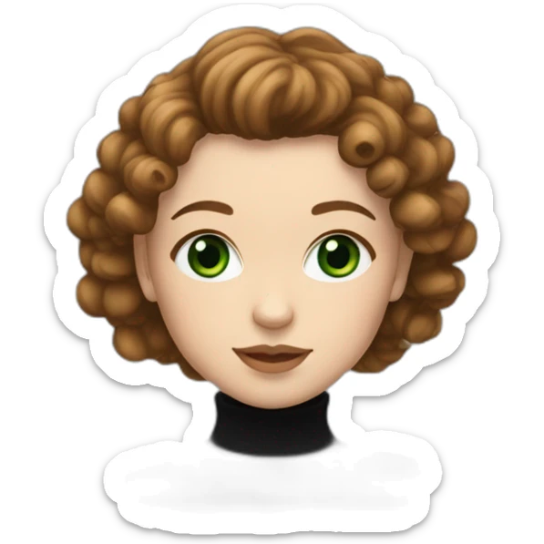 white girl with green eyes and curly brown mullet wearing a black turtleneck with heart eyes sticker