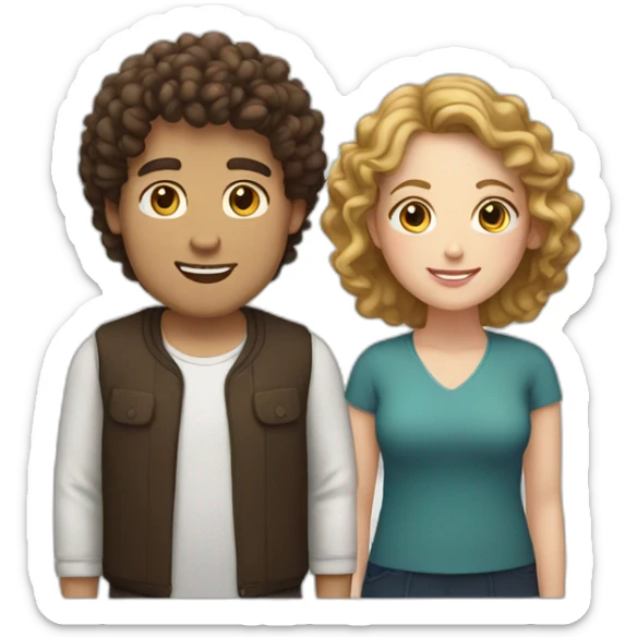 Couple, white man with dark brown curly hair and chubby white woman with light brown curly hair sticker