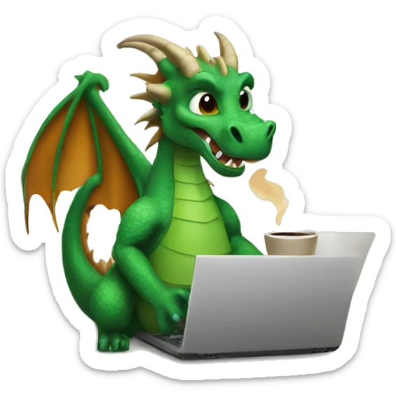 dragon on a laptop, wearing a hump day shirt, with a cup of coffee in hand sticker