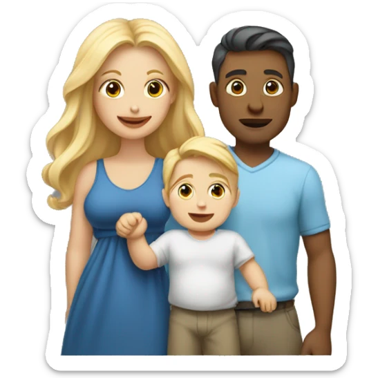 An emoji of a mother with long, flowing blonde hair standing confidently, next to her husband. In her arms, or in front of them, is a baby boy, representing a happy and loving family sticker