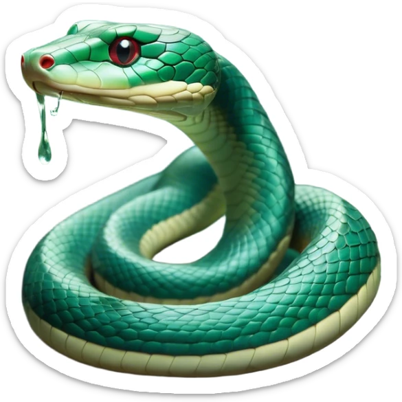 Cinematic Noble Chinese Water Snake Portrait Emoji, Poised and graceful, with a slender, sinuous build and a sleek, iridescent coat of muted greens and blues, deep-set soulful eyes, Simplified yet sharp and sophisticated features, highly detailed, glowing with a soft, dignified aquatic glow, high shine, intelligent and fluid, stylized with an air of waterborne elegance, focused and attentive, soft glowing outline, capturing the essence of a watchful and confident water snake that feels as though it could glide out of the screen with effortless authority! sticker