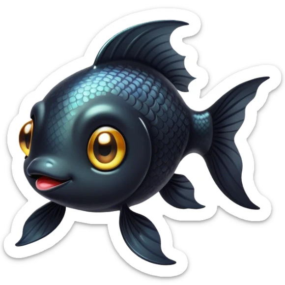 Cinematic Cute Black Goldfish Portrait Emoji, Head tilted playfully and inquisitively, featuring a glossy, deep black body with shimmering scales and round, sparkling golden eyes filled with curiosity, Simplified yet irresistibly adorable features, highly detailed, glowing with a warm, friendly glow, high shine, affectionate and lively, stylized with a touch of whimsy, bright and endearing, soft glowing outline, capturing the essence of a mischievous yet loving goldfish, so playful it feels like it could swim out of the screen and into your heart! sticker