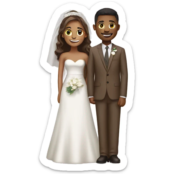 Newly weds, groom wearing brown suit and bride white dress sticker