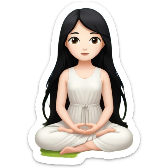 crea un chica blanca con cabello negro largo bonita de ojos marrones vestida de blanco conectando con la naturaleza rodeada de flores meditando  sticker