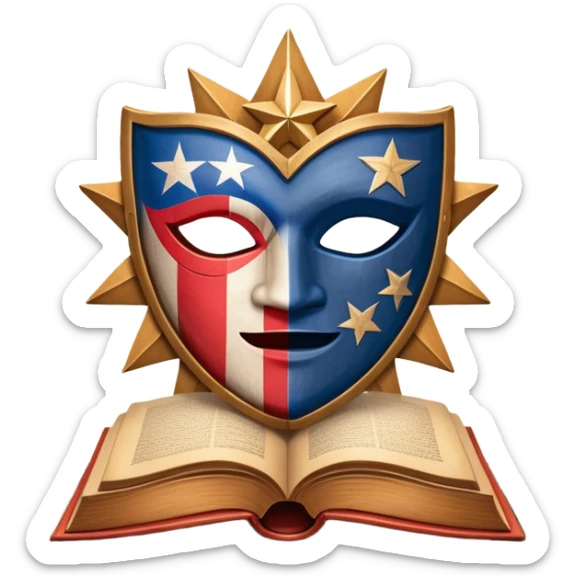 Ancient leatherbound book with prominent Puerto Rican flag star in center of cover, wooden theater masks and curtains framing the edges, warm amber glow emanating from pages, vintage textured parchment sticker