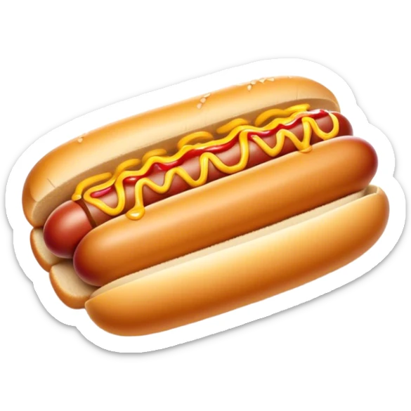 Cinematic classic hot dog, nestled in a soft toasted bun, drizzled with mustard and ketchup, juicy and flavorful, warm golden tones, ultra-detailed and mouthwatering. sticker