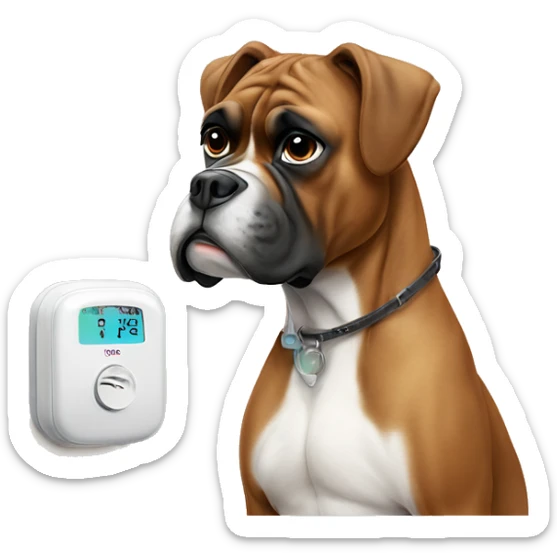 Boxer dog with the thermostat in its mouth with tired eyes ￼ sticker